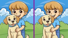 Puzzel: kun jij drie verschillen vinden op de afbeelding van een jongen met een hond?